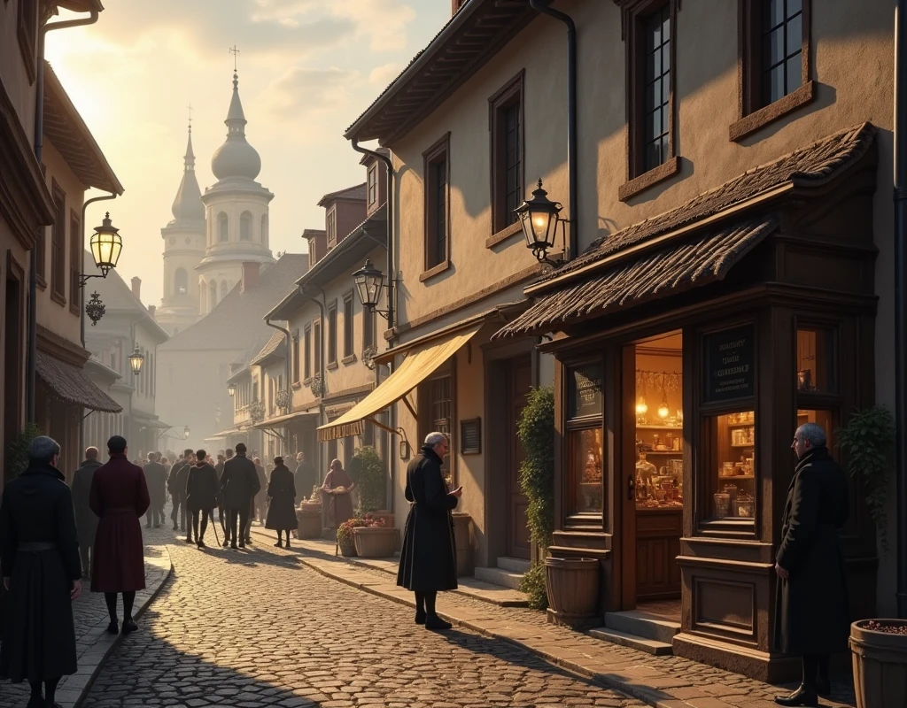 A historical and atmospheric scene set in Frankfurt, Germany, in the late 18th century. The scene shows a bustling street in the Jewish quarter, with narrow cobblestone roads and traditional buildings of the era. At the center, a modest yet dignified house is highlighted, where Mayer Amschel Rothschild, a young man dressed in period attire, stands outside his small shop, possibly with coins or financial documents in hand. The street is filled with people going about their daily lives, with horse-drawn carriages, market stalls, and the lively atmosphere of a growing city. The background includes the skyline of Frankfurt, with church spires and old-world architecture visible. The lighting is soft, with a warm glow that suggests the beginning of an important journey, setting the stage for the rise of the Rothschild family