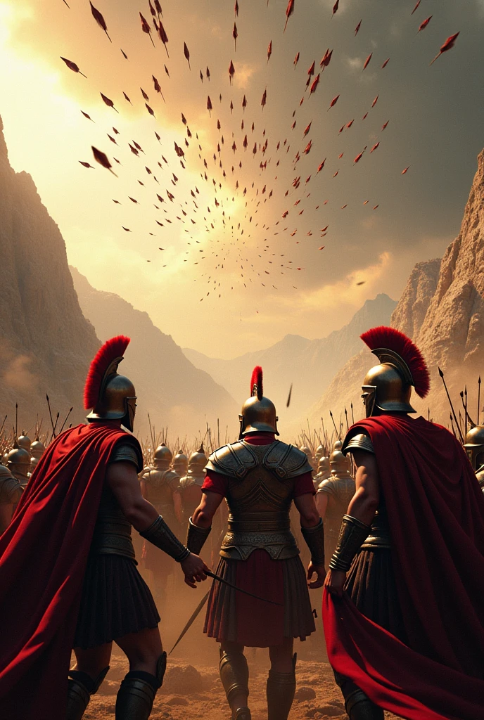 Arrows fill the sky, shot at the Spartan warriors, realistic image.