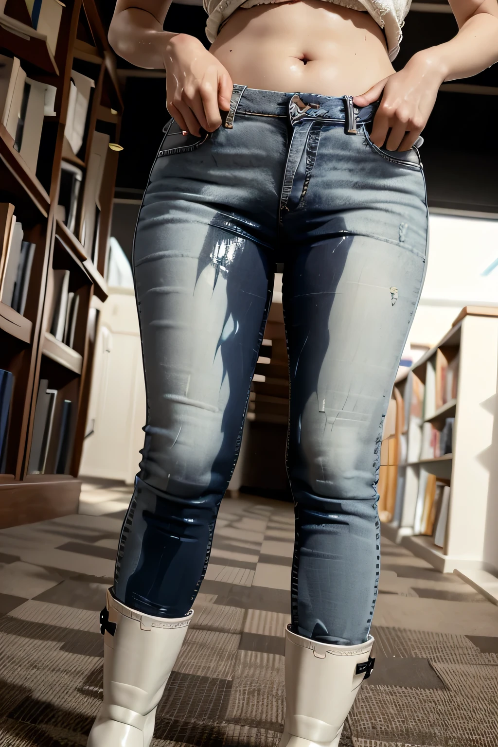 a russian model peeing herself standing in a library, model pose:1.5, she wears a crop t shirt, (dark blue boot cut jeans:1.5), blazer, choker, peeing herself, library environment, full body view:1.5, wet jeans