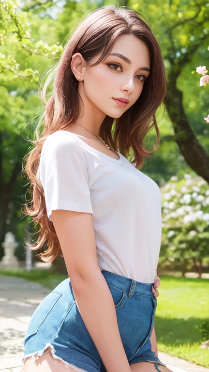 a beautiful young woman in shorts, age 25, in a park, detailed portrait, intricate details, beautiful face, detailed eyes, long eyelashes, perfect skin, charming smile, gorgeous hair, stylish outfit, relaxed posture, natural light, vibrant colors, lush greenery, blooming flowers, serene atmosphere, masterpiece, photorealistic, 8k, extremely detailed