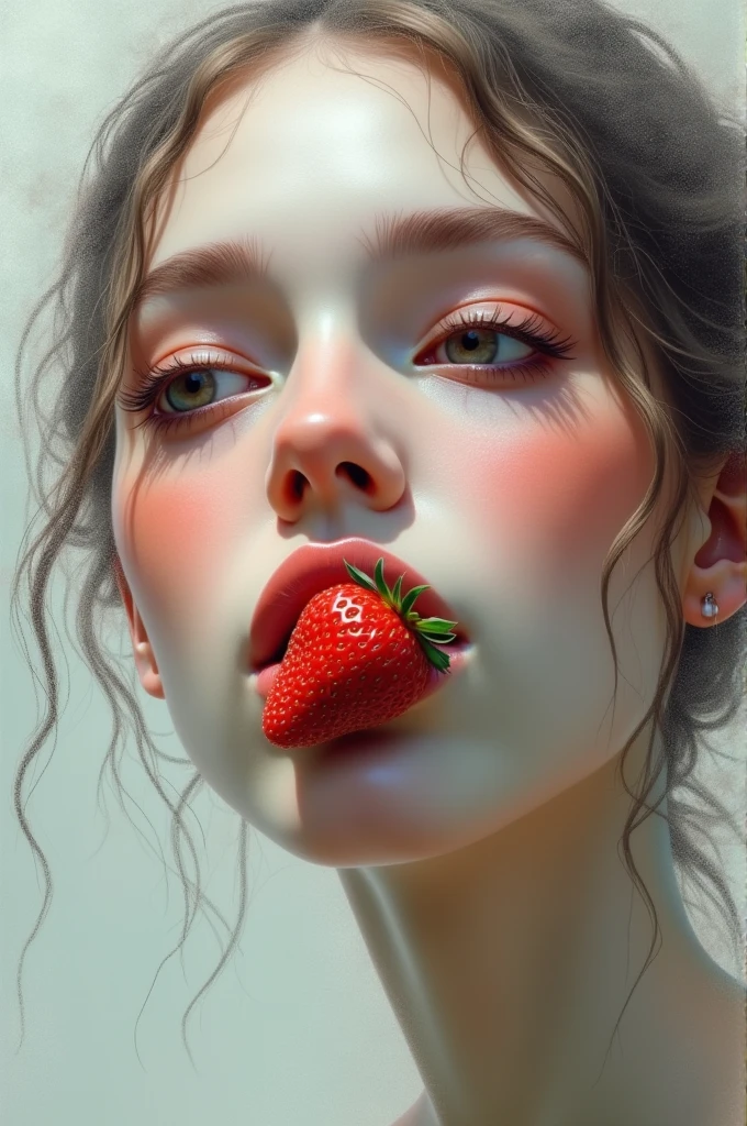 Abstract image of beautiful woman face with strawberry in mouth.