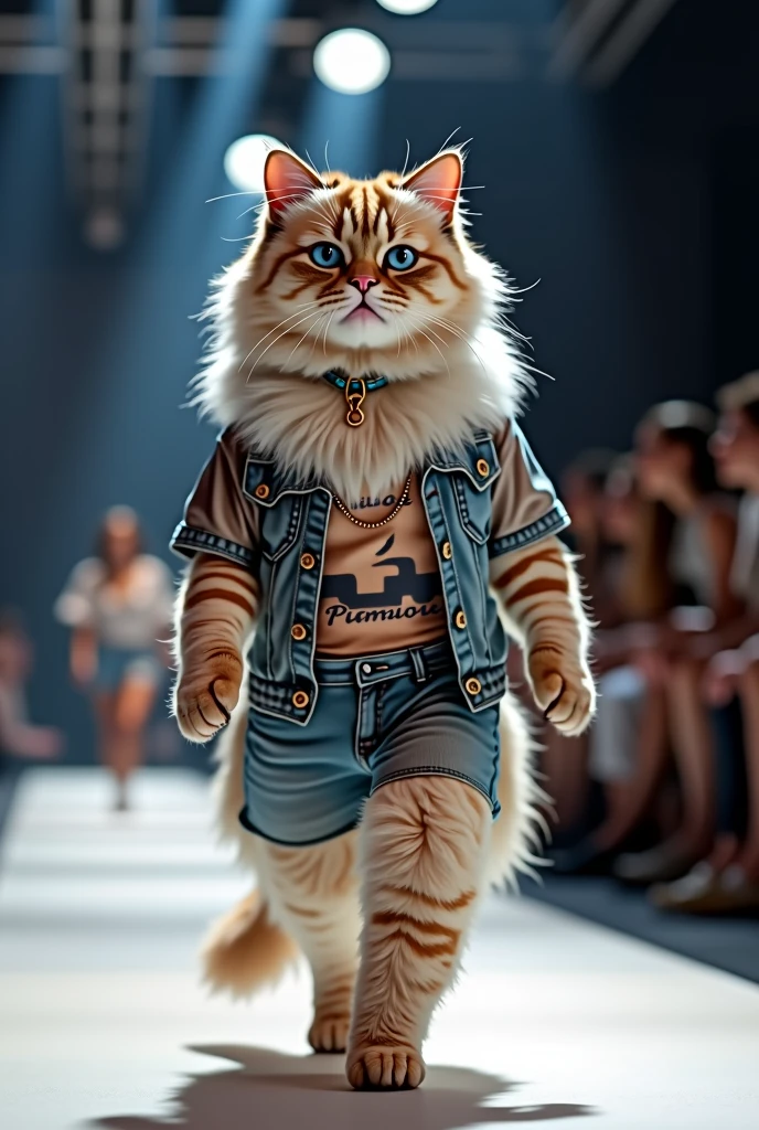 Himalayan cat wearing t-shirt with jeans chiton set in fashion show full body photo real as in real life