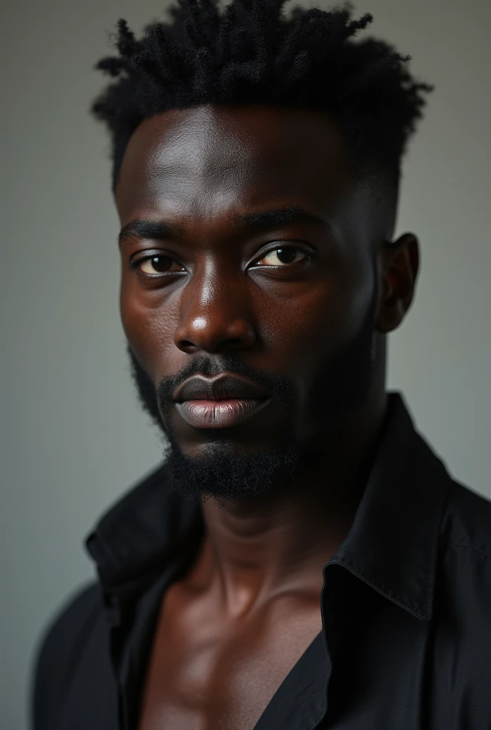 30 year old dark-skinned man, marked features, full lips black eyes muscular
