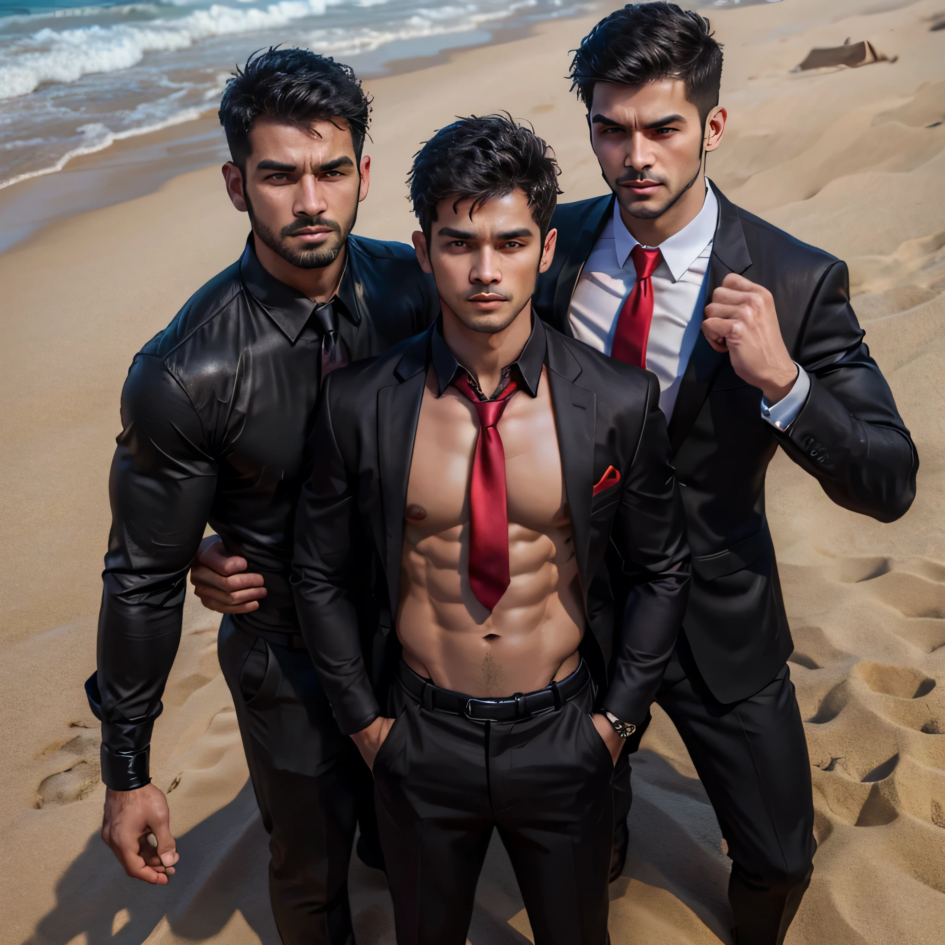3,Three Men,、Handsome。Black Shirt、Red tie、Black gloves、Dhaka - Fighters、Ocean、On the sand ,,logic, ,Very short hair、 ,Asian Face,、 Handsome fun