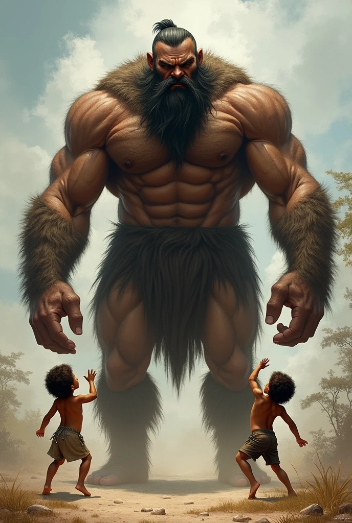 A barbaric father, immensely tall and muscular, with strong arms he sees his two small children fighting and with an agile and determined movement, stands between them. He lifts them with ease, one on each arm, holding them firmly, but without hurting them.