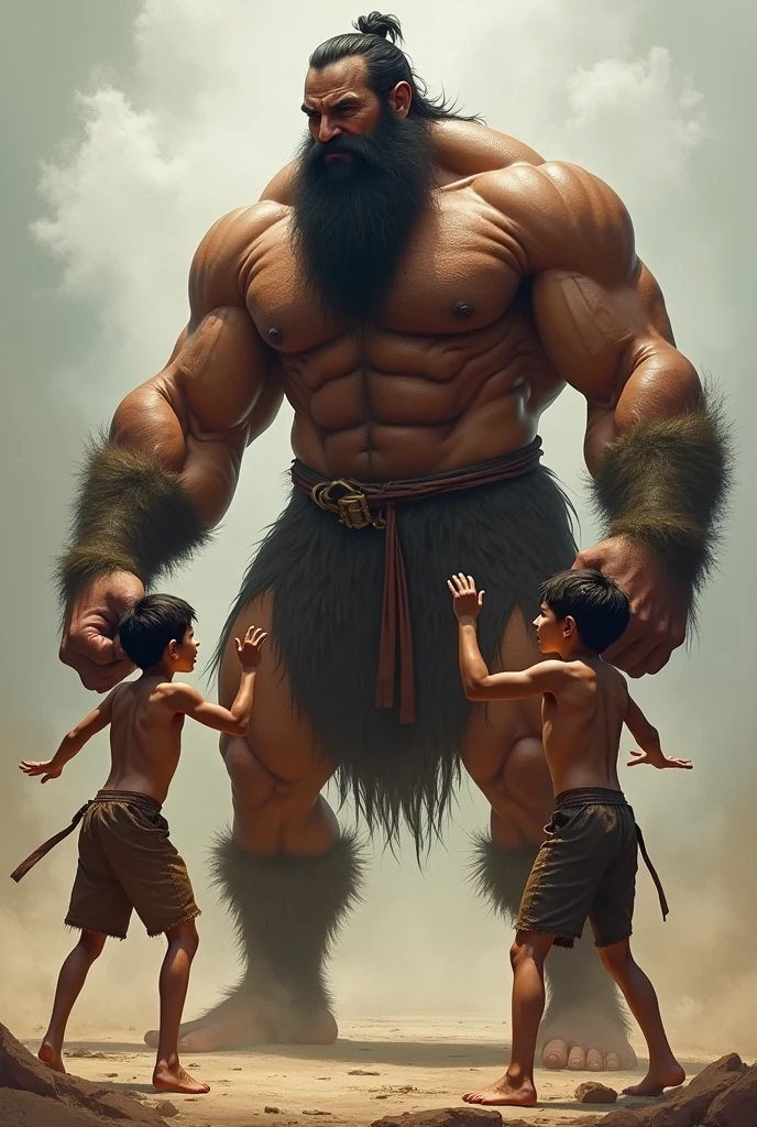 A barbaric father, immensely tall and muscular, with strong arms he sees his two  children fighting and with an agile and determined movement, stands between them. He lifts them with ease, one on each arm, holding them firmly, but without hurting them.