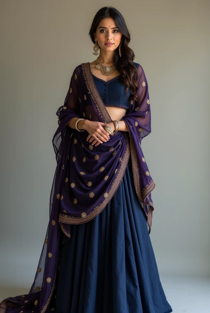Beautiful one women wearing navy blue colour plain skirt and top with heavy stone worked dark purple dupatta and matching jewellery hald traditional look