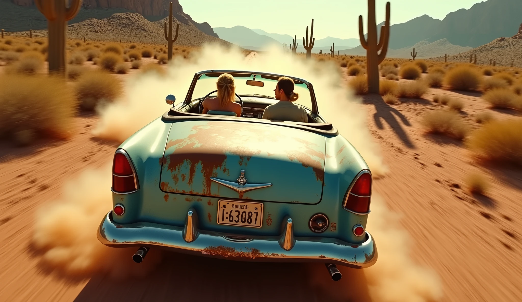 Tracking drone shot view, over cactus pad in the Sonoran Desert. A roof-less, convertible, rusty blue Plymouth 57 with blonde girl left driver, speeding on a dusty
road. Hyper-realistic detail. Harsh sunlight sun burned Mexican sands, sharp shadows, emphasizing textures. Arid atmosphere evokes ancient Aztec landscapes. photography style. Résolution Haute, Résolution Haute, Qualité Meilleure, Details, Détails fins, Haute qualité, Cheveux Longs, Cheveux Blonds,