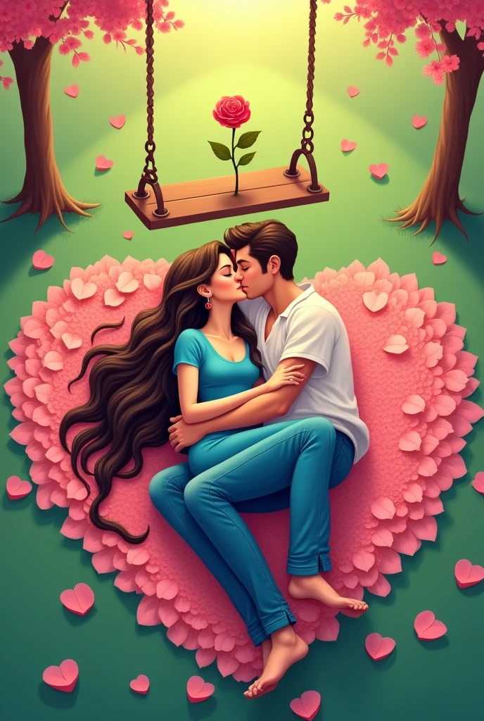 A romantic illustration of a couple lying on a heart-shaped arrangement of petals, with a vibrant green background. The woman, dressed in a blue outfit, has long braided hair and is adorned with earrings. The man wears a white shirt and blue jeans, embracing her lovingly as they share a kiss. Nearby, a swing with a rose in the center and scattered rose petals enhances the romantic setting.