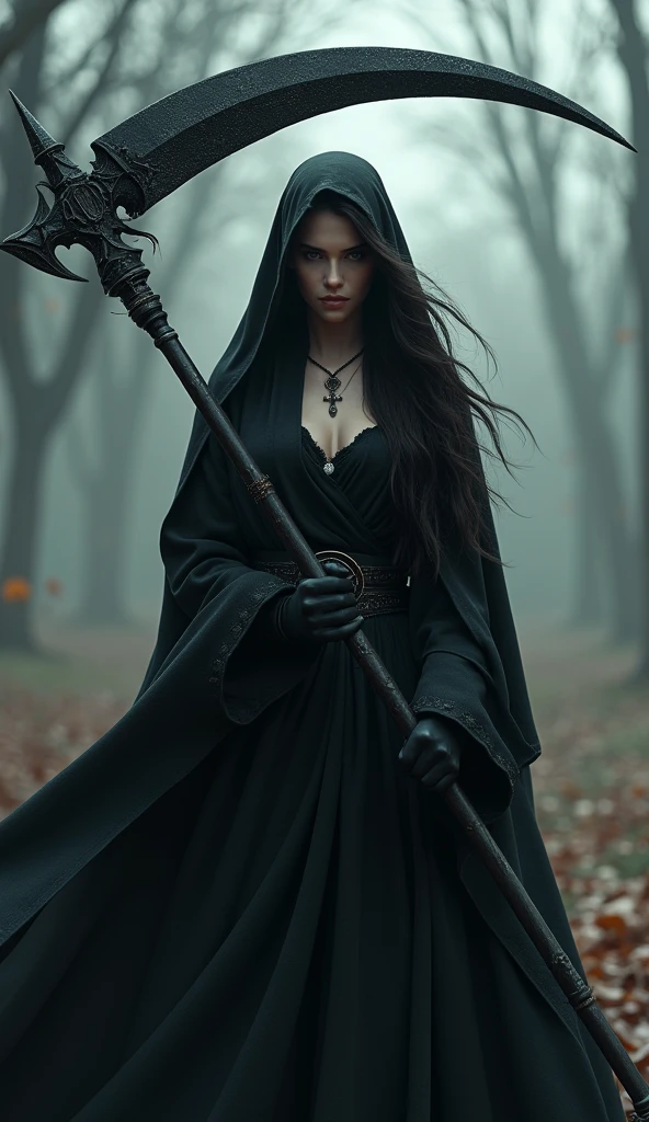 A large sickle, Scythe of Death,A sickle bigger than her body, ((masterpiece, best quality, Highest image quality, high resolution, Reality, RAW photos, 8K)), ((Extremely detailed CG unified 8k wallpaper)), (Huge stunning goddess photo, Very hot and sexy, Stunning beauty, Perfect proportion, Beautiful Body), Movie Posters,Black robe