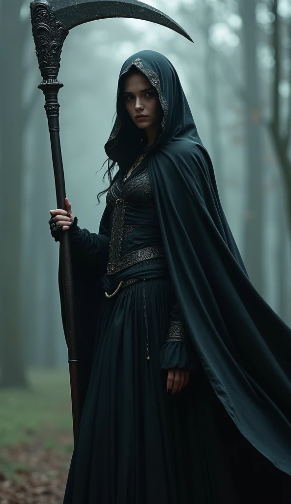 A large sickle, Scythe of Death,A sickle bigger than her body, ((masterpiece, best quality, Highest image quality, high resolution, Reality, RAW photos, 8K)), ((Extremely detailed CG unified 8k wallpaper)), (Huge stunning goddess photo, Very hot and sexy, Stunning beauty, Perfect proportion, Beautiful Body), Movie Posters,Black robe