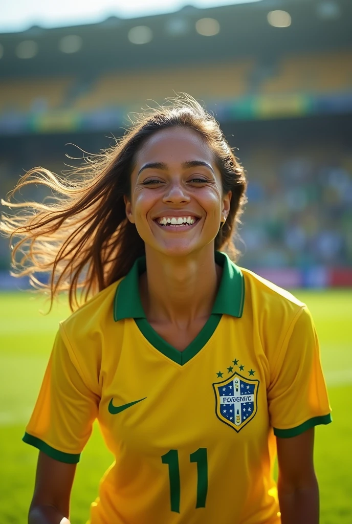 A Brazilian woman on a lush soccer field, wearing a team jersey, with a close-up showing her natural charm and outgoing personality.
