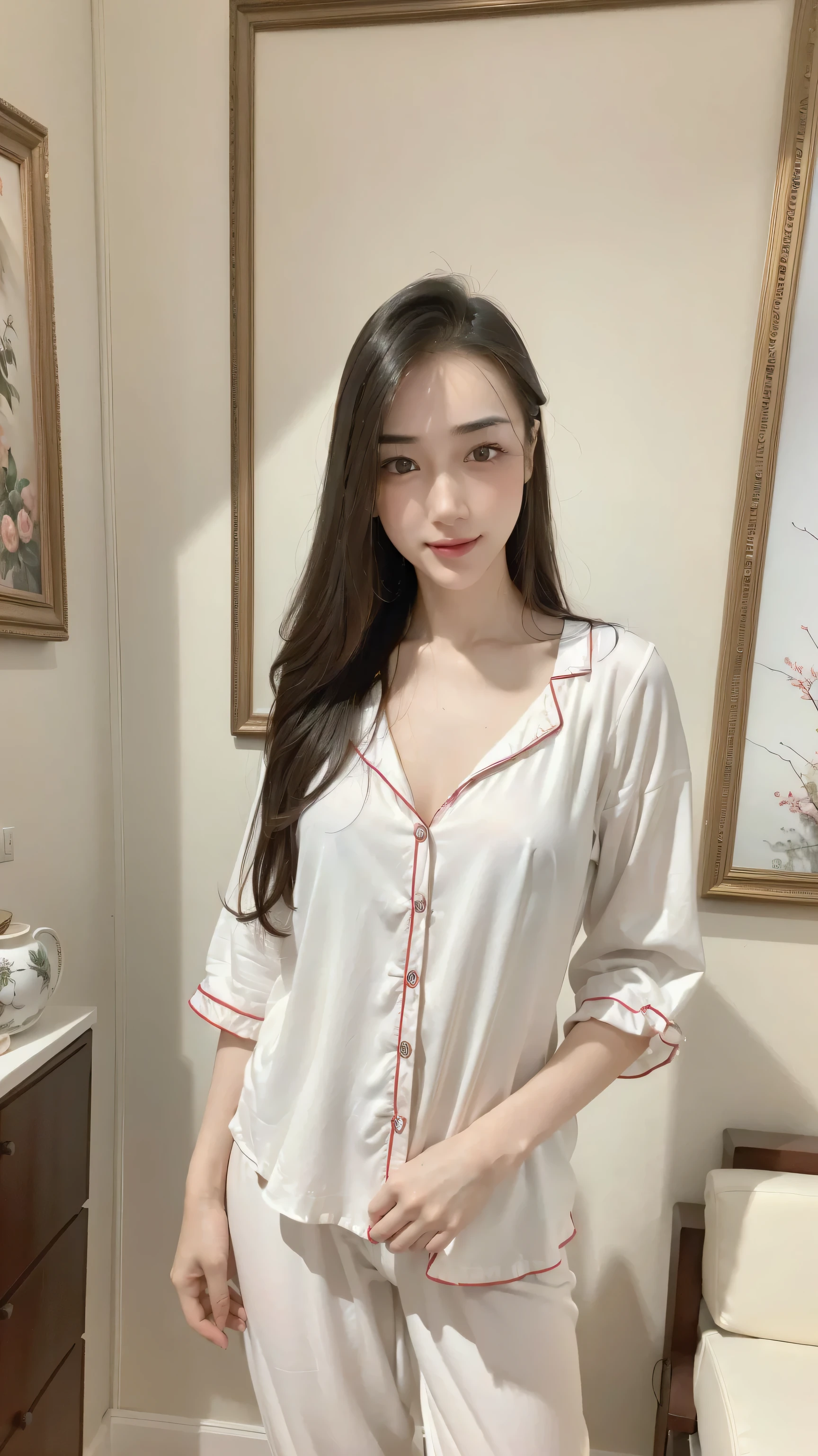 ((RAW photograph, Realistic photo, Best quality, 8K, Masterpiece: 1.3)), (raw photo:1.2), Hyperrealist portrait gorgeous Beautiful Chinese girl, young girl, 20 years old, pretty body, (beautiful flat breasts: 1.2), very detailed eyes and face, (lustfully naughty face, natural lip, natural makeup: 1.3, blushing), beautiful detailed eyes, seductive sharp eyes, (charming smile: 1.2), smooth white skin, photo realistic, very detailed faces, ((wearing white pyjamas)), (long legs: 1.2, beautiful long nails), loose curls hairstyle, ((random standing poses)), (midnight modern living room background)