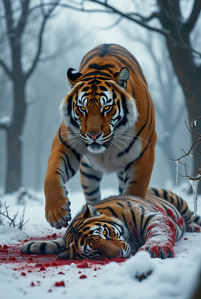 I wanted to draw a victorious tiger trampling a dead, bloody leopard in the frozen forest.