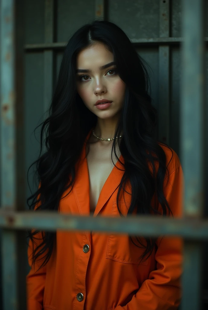 A beautiful Instagram model, long black hair , at prison , beautiful make up , orange prison jumpsuit, full body view, in cage