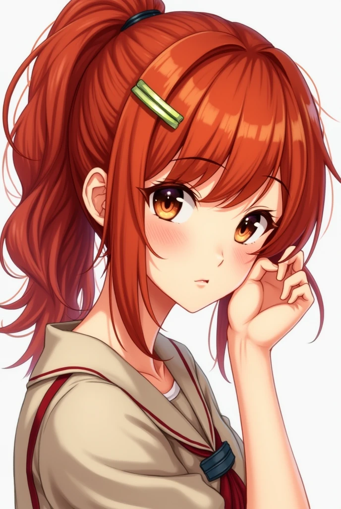 Ako has tuscan red hair worn in a shoulder length wide ponytail with a hair clip to keep her hair off her forehead and a wide forelock to the right side of her face and amber-brown eyes.