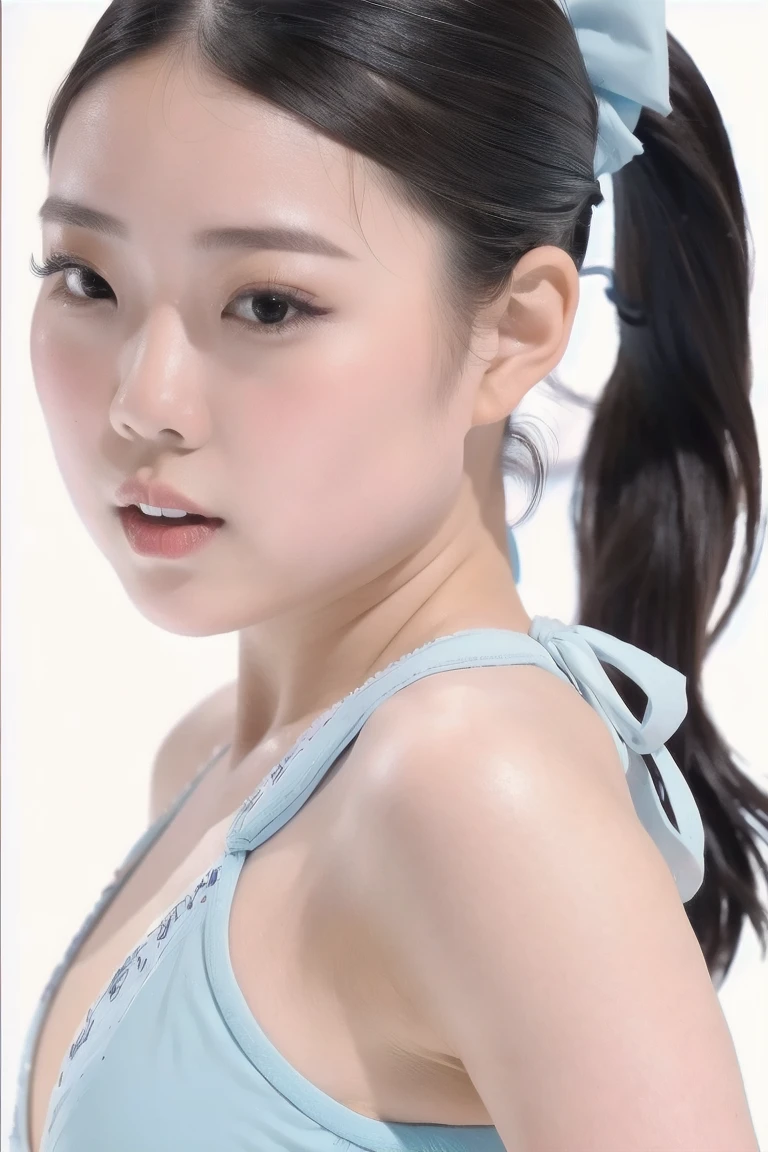 (masterpiece, best quality:1.2), 1girl, 独奏、Rika、ponytail、Black Hair、Light blue bikini、Bare forehead、(Perfectly balanced body)、Fair skin、((Close-up of face、Face forward、View your viewers))