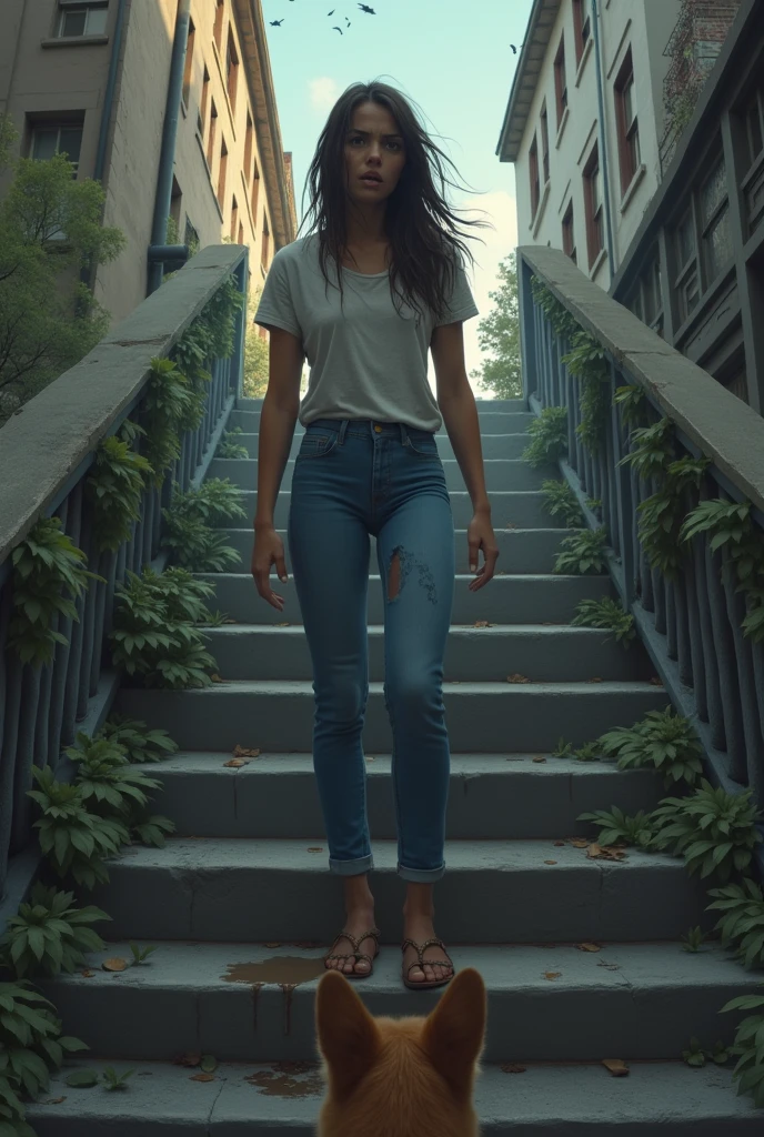 A young woman named Aline is standing, standing backwards, on a stone staircase, visibly terrified. She is wearing jeans with a noticeable wet stain. Aline had defecated in her jeans. Her face shows intense fear as she backs away from a threatening dog at the foot of the stairs.. The staircase is located in an outdoor urban environment, increasing the tense dinner atmosphere.