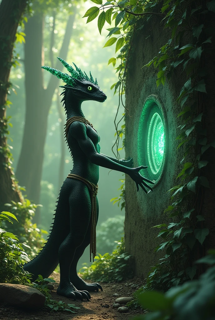 Reptilian with an elegant body and shiny black scales, wearing an emerald crystal horn-shaped crown and dressed in simple tribal clothing. In the middle of the deep forest , She is touching the stone wall with her hands and a light emerges from it in the form of a dimensional portal that was hidden., inside a tunnel