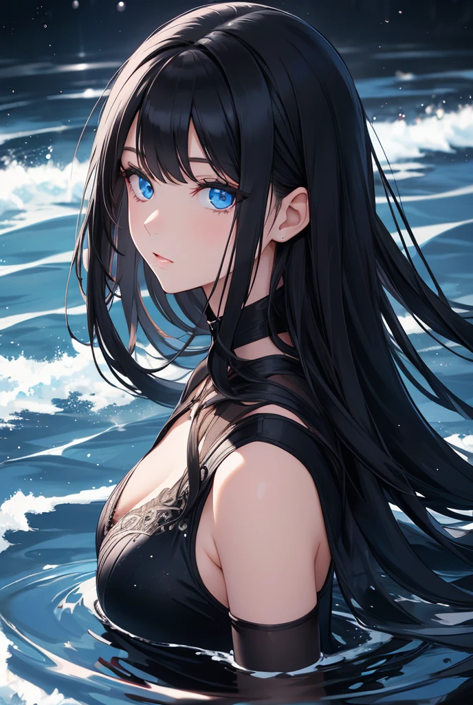 Young woman,long black hair,blue eyes,Black dress,water,universe,
best quality, Masterpiece, high resolution,