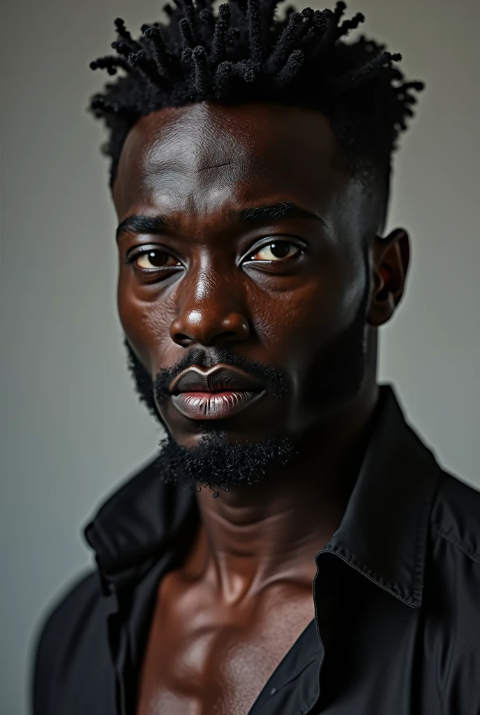 30 year old dark-skinned man, marked features, full lips black eyes muscular