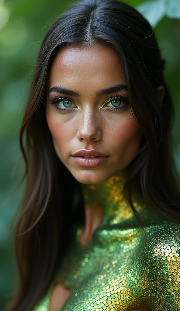A woman from Brazil with dragon characteristics, covered in iridescent green and gold scales that shimmer like the tropical foliage. Her eyes are a deep, oceanic blue, sparkling with vitality. Her facial features are a blend of human and dragon, with pronounced cheekbones and a graceful neck. Her long hair flows like a river, intertwined with subtle scales, embodying both strength and allure.