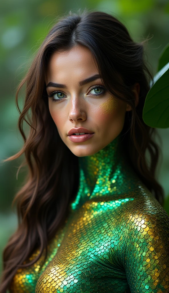 A woman from Brazil with dragon characteristics, covered in iridescent green and gold scales that shimmer like the tropical foliage. Her eyes are a deep, oceanic blue, sparkling with vitality. Her facial features are a blend of human and dragon, with pronounced cheekbones and a graceful neck. Her long hair flows like a river, intertwined with subtle scales, embodying both strength and allure.