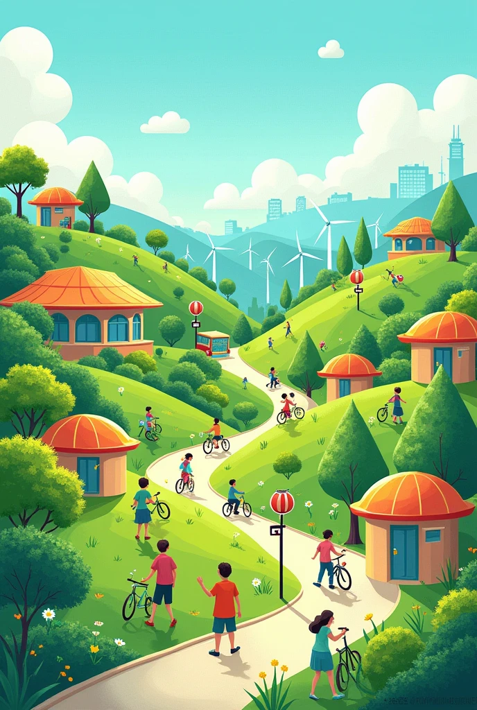 Make a landscape art on the topic "future we want clean and green" make it like  child have make and add 25 activity in the art add more house