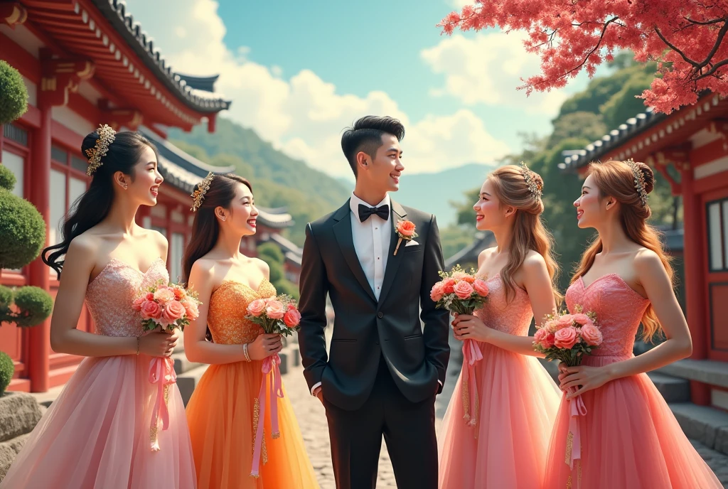 A handsome Thai groom and five Thai brides.,Laos,Japan,South Korea,Taiwan holding a rose, red, pink, white, high resolution, Masterpiece, best quality, long hair, black hair, brown hair, golden hair, blushing, excited, decorationsผม, decorations, ribbon, crown, blushing,