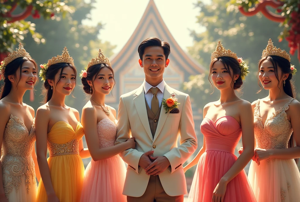 A handsome Thai groom and five Thai brides.,Laos,Japan,South Korea,Taiwan holding a rose, red, pink, white, high resolution, Masterpiece, best quality, long hair, black hair, brown hair, golden hair, blushing, excited, decorationsผม, decorations, ribbon, crown, blushing,