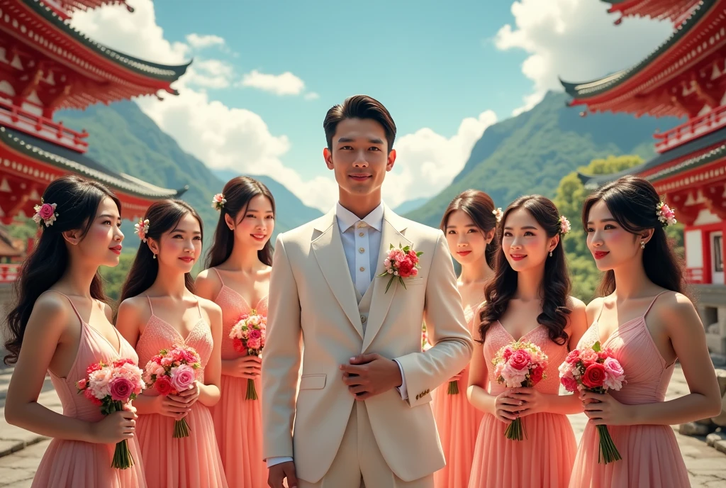 A handsome Thai groom and five Thai brides.,Laos,Japan,South Korea,Taiwan holding a rose, red, pink, white, high resolution, Masterpiece, best quality, long hair, black hair, brown hair, golden hair, blushing, excited, decorationsผม, decorations, ribbon, crown, blushing,