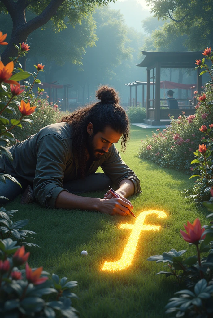 In a hyperrealistic depiction of an otherworldly garden bathed in the soft glow of a distant galaxy, a rugged man lies on the ground, using a crayon to carefully draw the letter "F" on the grass. The surrounding garden is filled with intricately detailed plants, their forms glowing subtly in the ethereal light. In the background, a park and playground can be seen, adding a touch of everyday life to the fantastical scene.