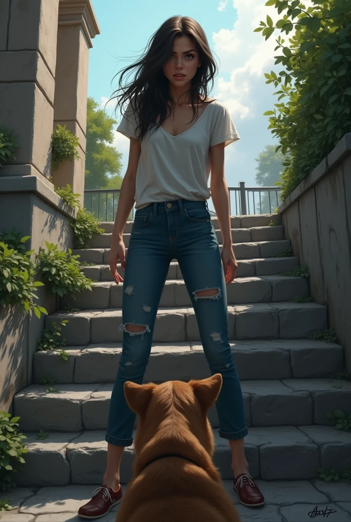 A young woman named Aline is standing, standing backwards, on a stone staircase, visibly terrified. She is wearing jeans with a noticeable wet stain. Aline had defecated in her jeans. Her face shows intense fear as she backs away from a threatening dog at the foot of the stairs.. The staircase is located in an outdoor urban environment, increasing the tense dinner atmosphere.