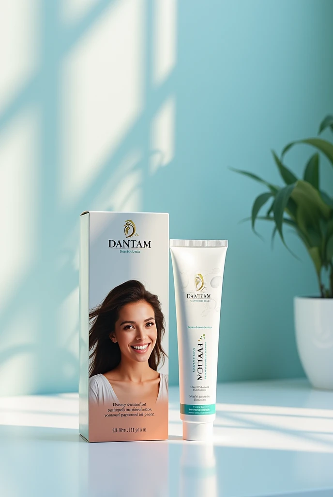 Toothpaste named  Dantam as the main name of the toothpaste no description needed
(adult tooth paste)(give a women smiling picture on side on of the poster not on the tooth 
Paste)