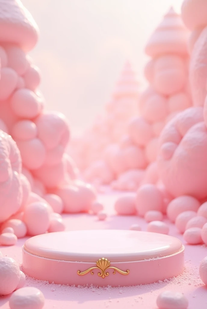 pastel pink podium with gold embelling in the middle of a candy kingdom with pastel pink marshmallows