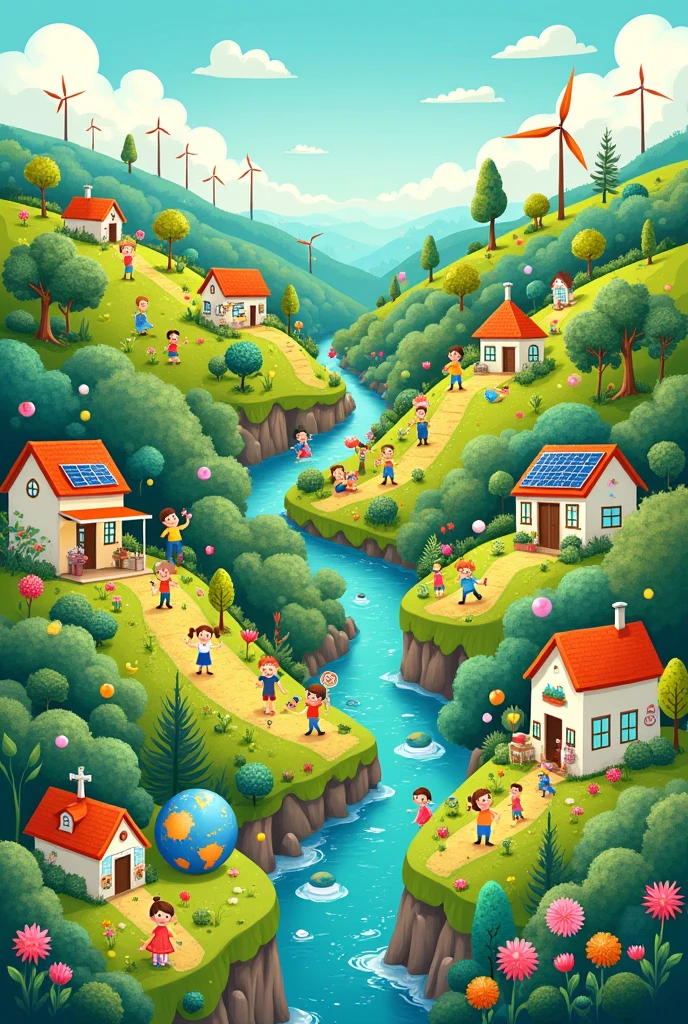 Make a landscape art on the topic "future we want clean and green" make it like child have make and add 25 activity in the art add more house add river