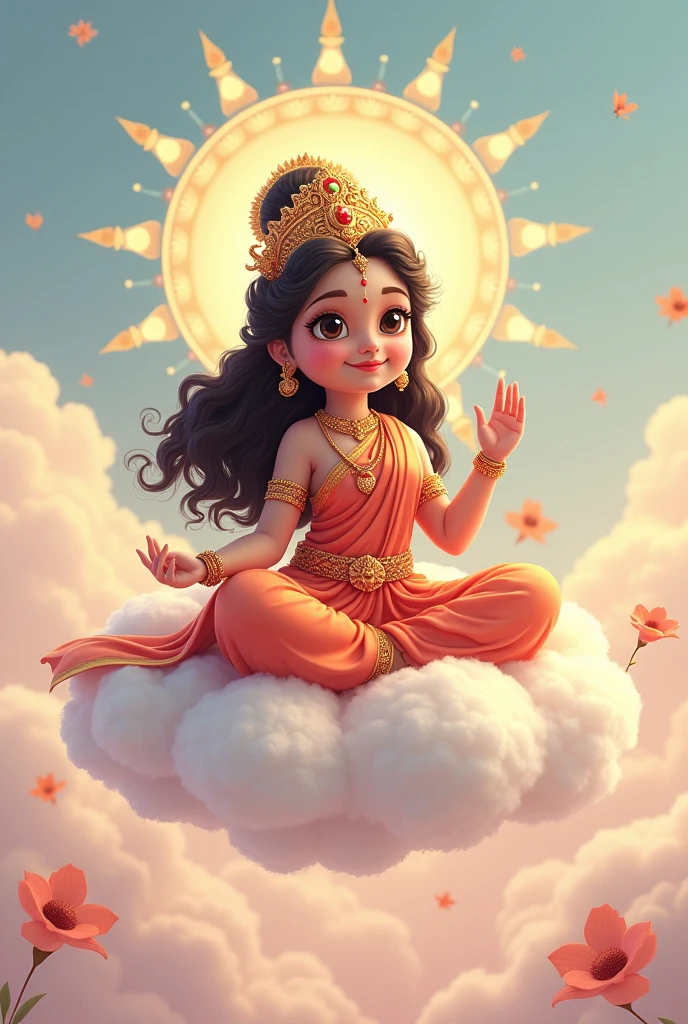 Cartoon lakshmi godess Sitting on the cloud blessing in pastel color