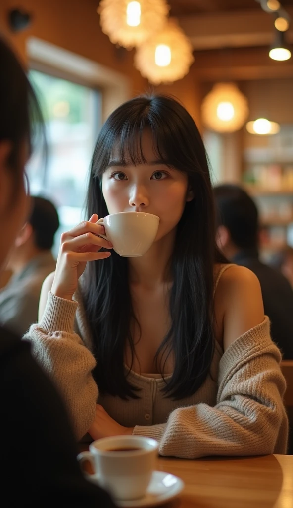 A Japanese beauty in her early 20s,With long, straight black hair、It'it's sleeveless,And only one shoulder of the cardigan is exposed。、I'I在咖啡廳見你.、sit on the chair、Live recording、Drink coffee、I can see the backs of the people sitting behind me、