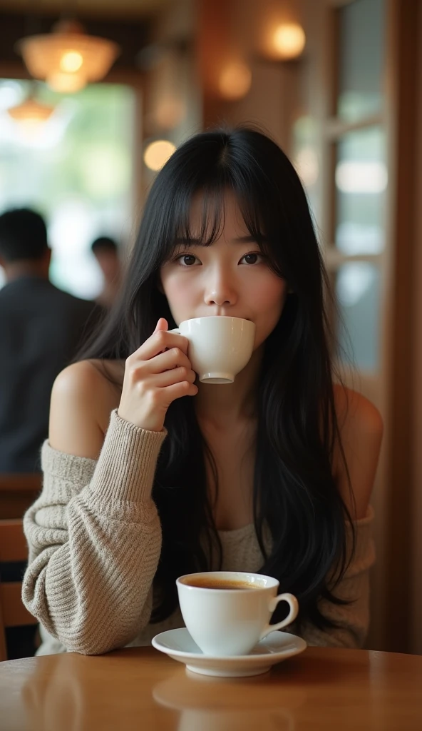 A Japanese beauty in her early 20s,With long, straight black hair、It'it's sleeveless,And only one shoulder of the cardigan is exposed。、I'I在咖啡廳見你.、sit on the chair、Live recording、Drink coffee、I can see the backs of the people sitting behind me、
