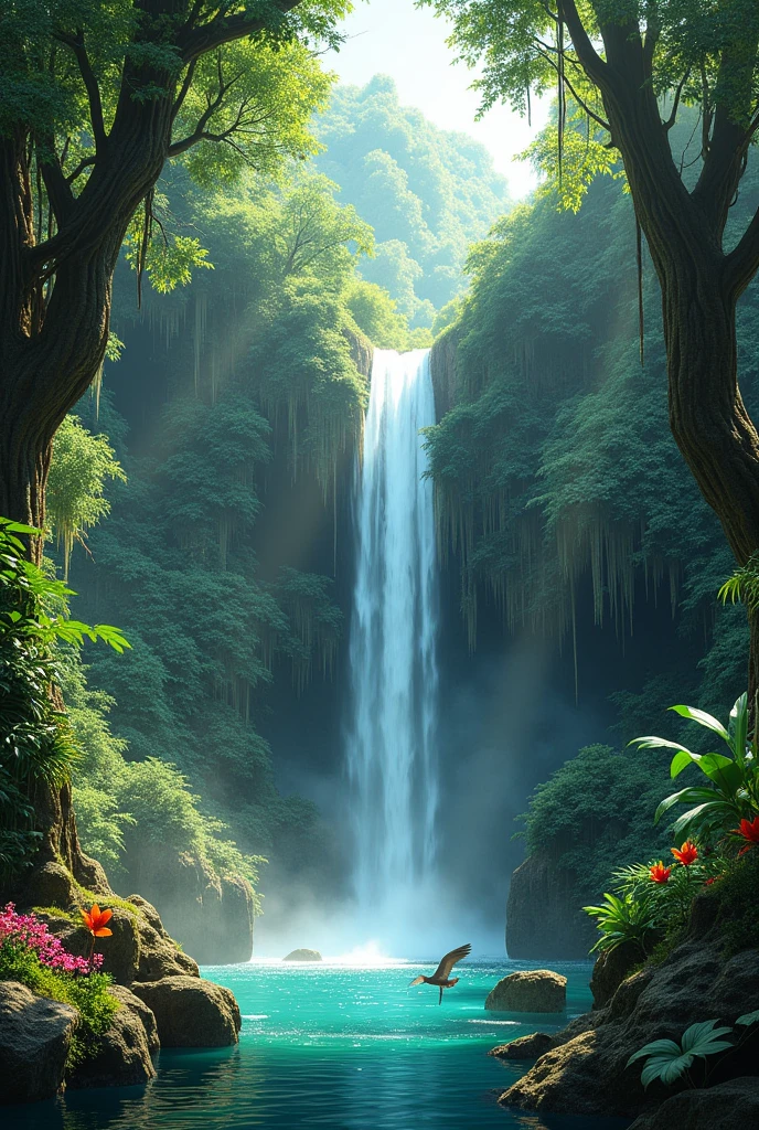 Jungle nature photo with waterfall