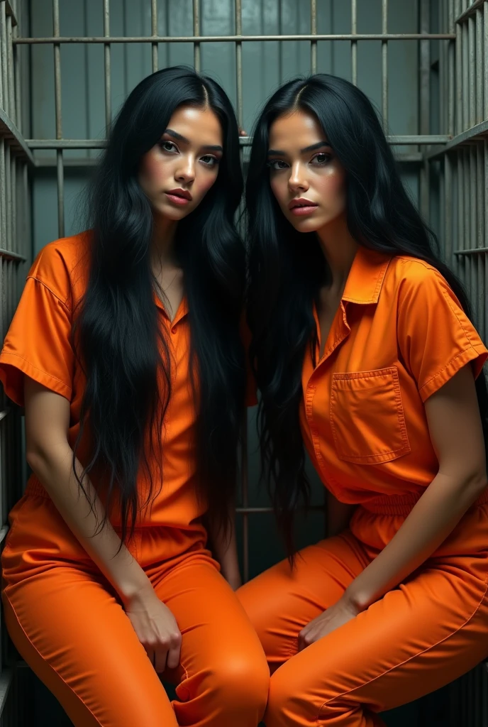 A beautiful Instagram model, long black hair , at prison , beautiful make up , orange prison jumpsuit, full body view, in cage, two girls , sitting