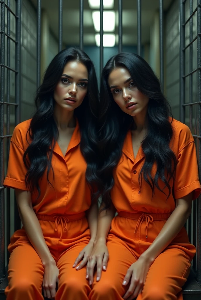 A beautiful Instagram model, long black hair , at prison , beautiful make up , orange prison jumpsuit, full body view, in cage, two girls , sitting