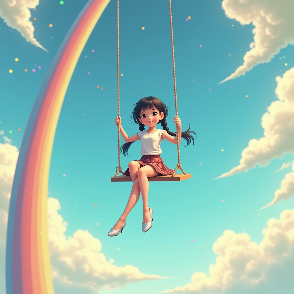 A girl with pigtails in high heels is swinging on the rainbow, in the style of Tatsuya Tanaka and Atey Ghailan. The image depicts a full-body view of the girl, showcasing her beautiful legs and feet. She is wearing a plaid skirt and silver shoes, and has long black braids, anime style