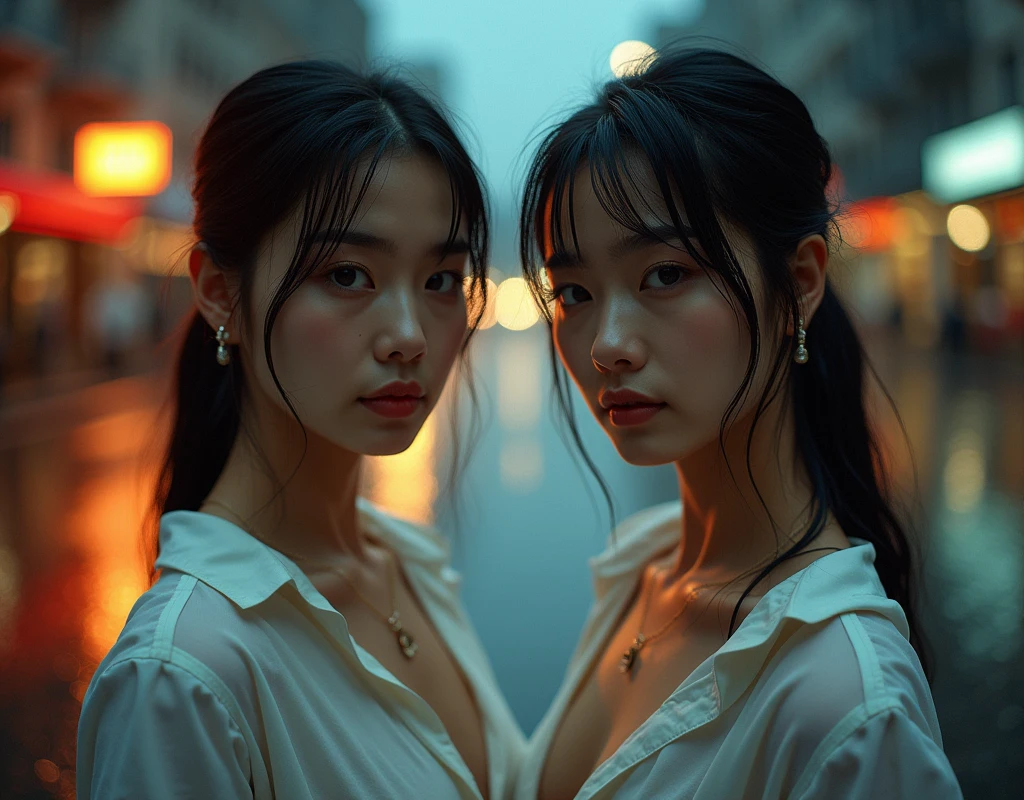 Identical twin sisters taking a selfie side by side、腰までのlengthの髪 30yo korean woman at a rainy road city, (腰までのlengthの髪:1.8), I'I'm looking for a viewer wearing a white open-neck shirt... barefoot. Wet Skin. Realistic Skin Style, Detailed skin pores. Black and dark、very long、Awkward and、Stylishly pulled back hair, Poreless skin and natural makeup, length, Black Hair、casually、But stylishly. Dim background, Gloomy rainy day, Vignette, ドラマチックな自然なatmosphereの照明, Cinema Lighting, Powerful backlight and rim light, 奥行き感とatmosphereを醸し出す, Add texture with bokeh highlights and film grain. Color Scheme: muted, A decolorized color palette with deep shadows and warm highlights, evoking a sense of nostalgia and melancholy. atmosphere: 謎と陰謀のatmosphere, With signs of tension and anticipation. action: Woman on the move, Her body is、Contorted in a graceful yet powerful ballet pose., Her muscles were tense、The expression was intense. object: Some props, A worn-out ballet barre and discarded pointe shoes, Increases the sense of authenticity and history.