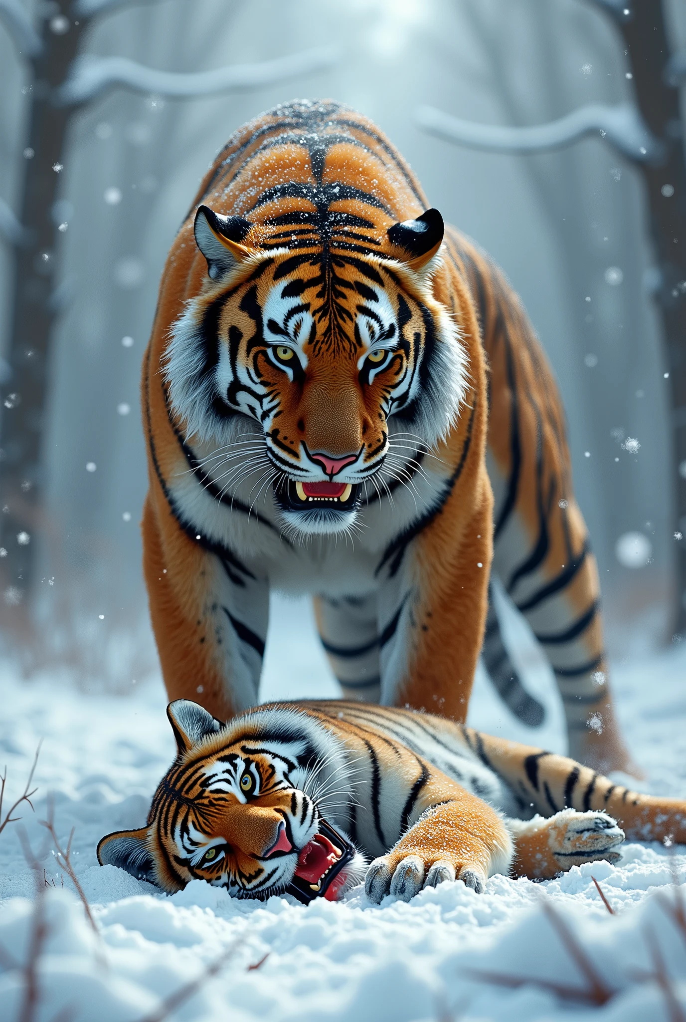 I wanted to draw two animals, a victorious tiger stomping on a dead cheetah, in the frozen forest.