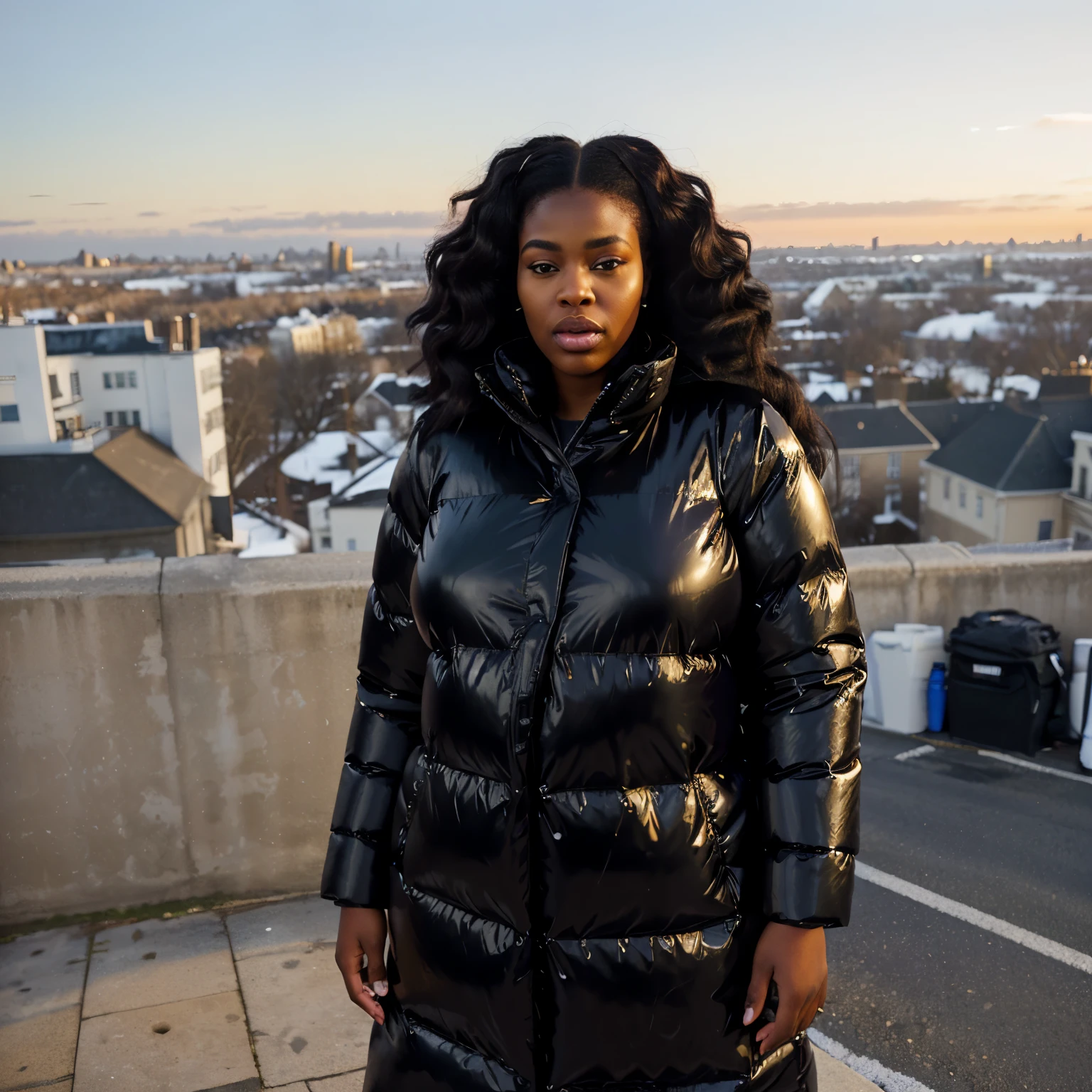 model wears a puffer jacket, beautiful city black woman only, photo of a black woman, highshine puffer coat, glossy puffer coat, padded puffer coat, xxl woman, big beautiful woman, tall woman, fat woman, saf face, terrified facial expression, laquered downcoat, faux leather puffer