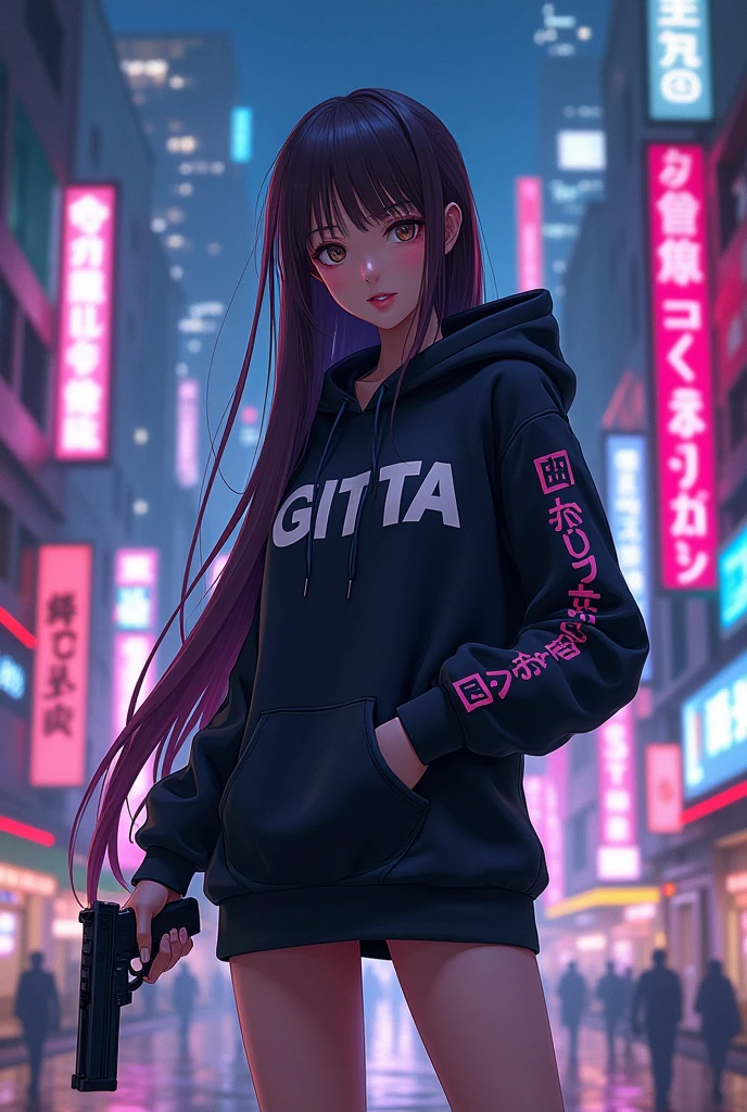 Create a character anime, {background: capital text “GLBK”, night city}, tanned skin,
realistic, HDR, beautiful, japan style, full body, use piastol, age 20, hoodie HD text: “GITTA”, female, long hair