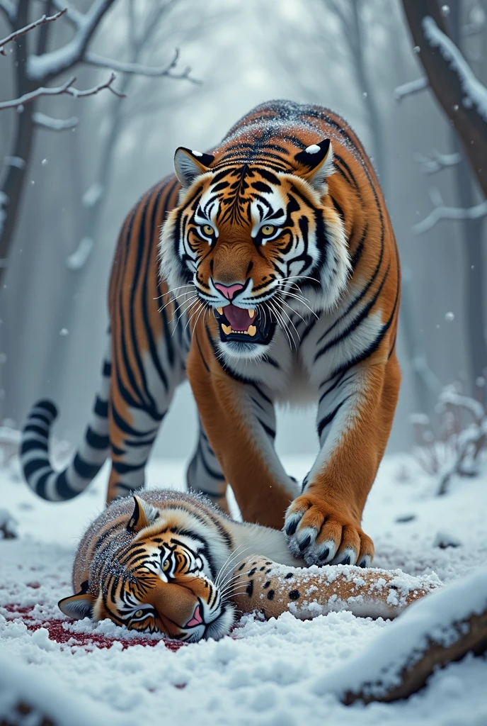I wanted to draw two animals, a victorious tiger stomping on a dead cheetah, in the frozen forest.
