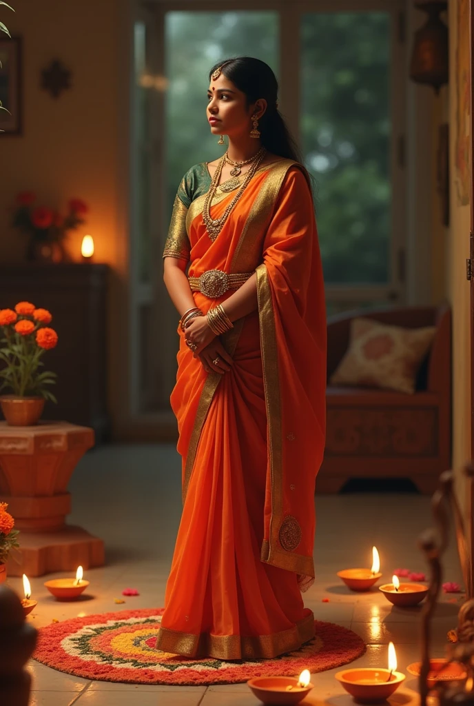 A hyperrealistic depiction of a serene and humble Indian married woman dressed in a traditional saree, standing during the Diwali festival. She is adorned with intricate, realistic jewelry, such as bangles and a bindi on her forehead, embodying grace and calmness. The setting is festive yet devotional, with meticulously detailed oil lamps (diyas) lit around her, creating a warm, golden glow. Rangoli patterns are visible on the floor, and the background includes lifelike decorations like marigold flowers and traditional Diwali ornaments. Her expression is peaceful, reflecting the spiritual significance of the occasion.