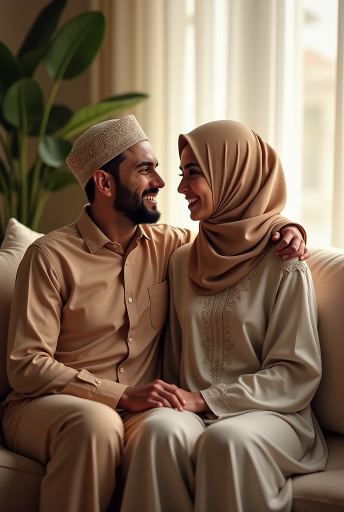 Beautiful Muslim couple setting on sofa watching each other with smiling faces